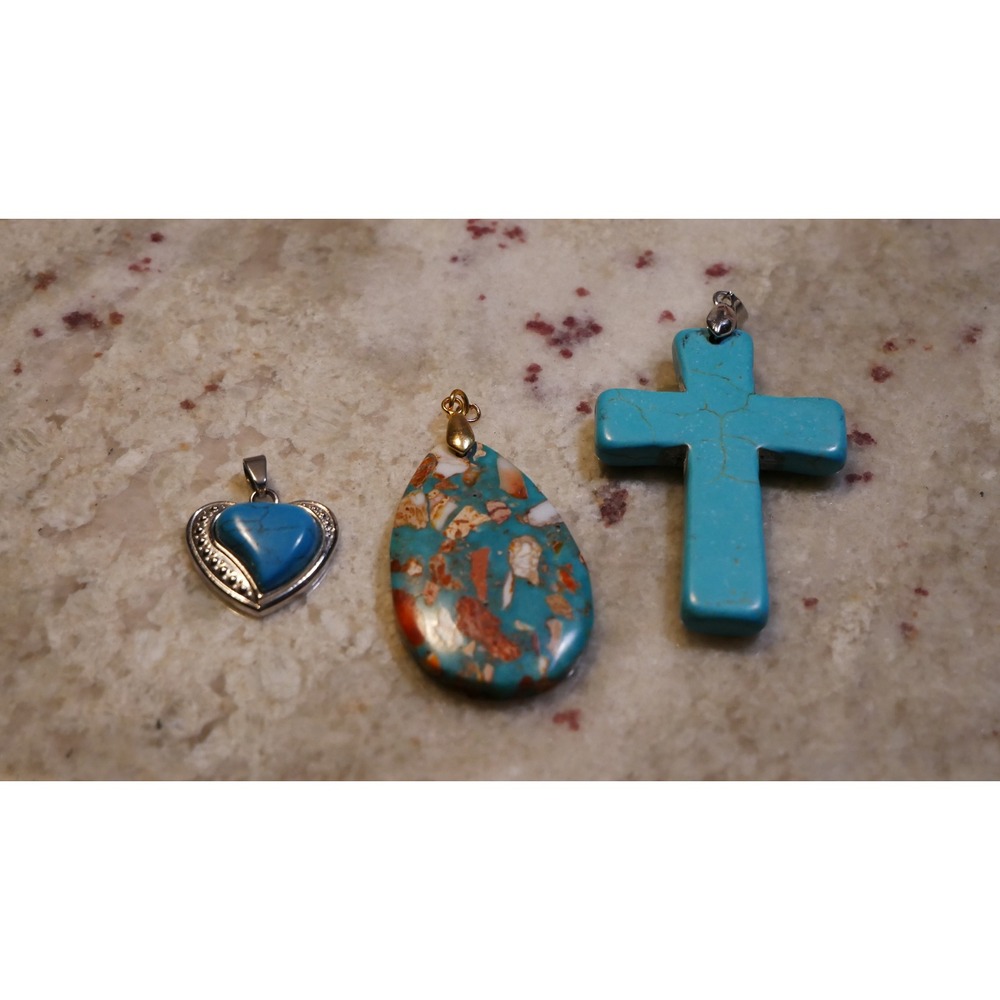 Turquoise Pendant Lot Heart Teardrop Cross Southwest Boho Jewelry Charms Set 3pc